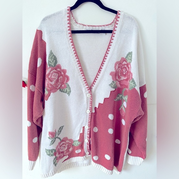 Vintage Rose Floral Cotton Ramie Maggie Lawrence Oversized Sweater Cardigan L XL - Picture 3 of 9